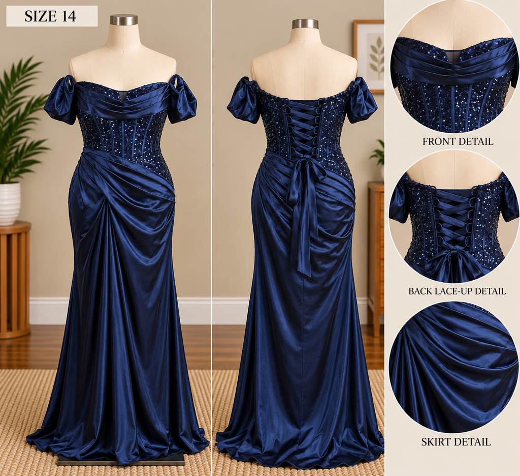 Navy Blue Satin Off-Shoulder Prom/Evening Gown with Sequin Corset Bodice, Lace-Up Back and Ruched Mermaid Skirt, Size 12