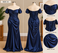 Navy Blue Satin Off-Shoulder Prom/Evening Gown with Sequin Corset Bodice, Lace-Up Back and Ruched Mermaid Skirt, Size 12