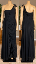 Black Chiffon One-Shoulder Draped Maxi Dress with Front Slit, New with Tags