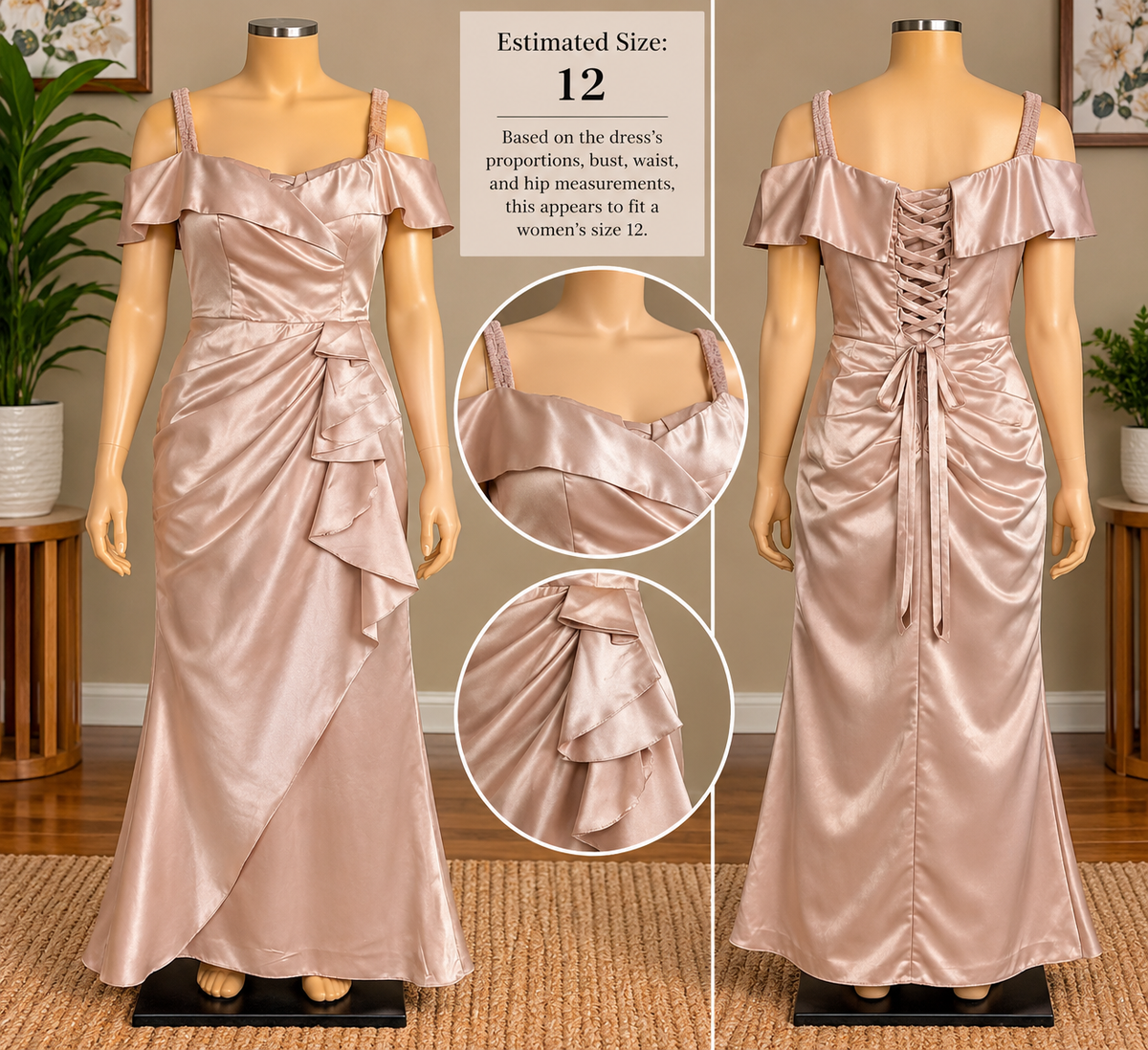 Blush Champagne Satin Off-Shoulder Mermaid Gown with Ruffle Cascade, Faux-Wrap Slit Skirt and Lace-Up Corset Back