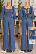 New York & Company Chambray Denim Jumpsuit with Smocked Bodice and Puff Sleeves