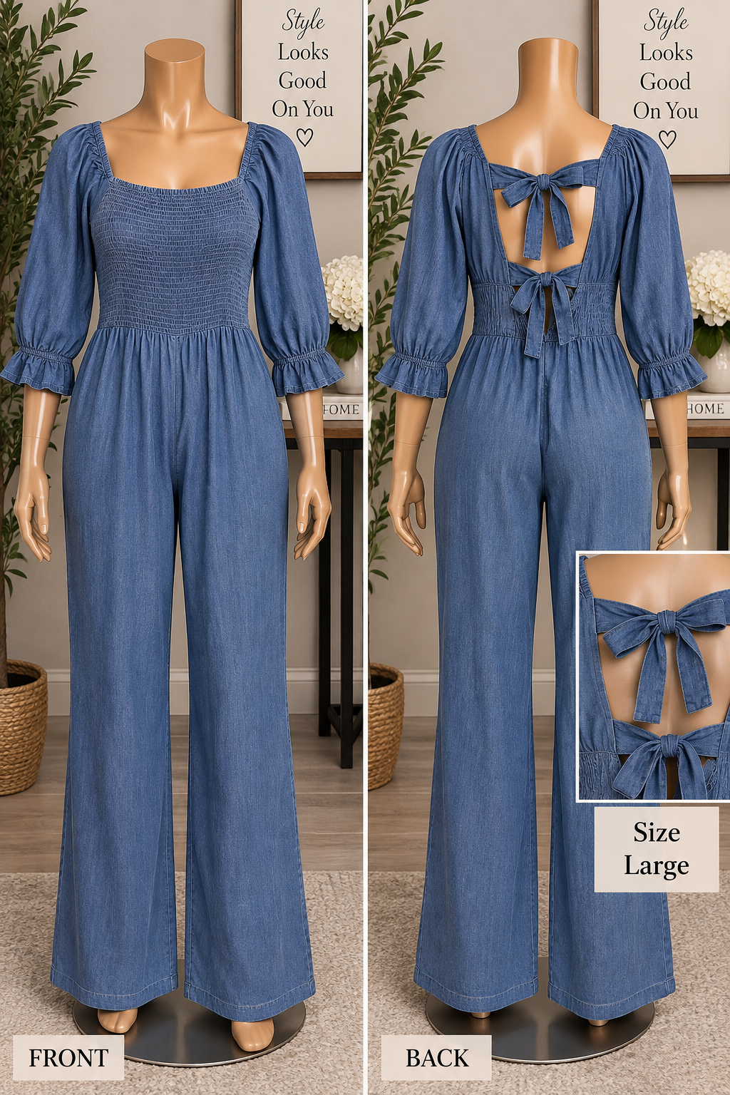 New York & Company Chambray Denim Jumpsuit with Smocked Bodice and Puff Sleeves