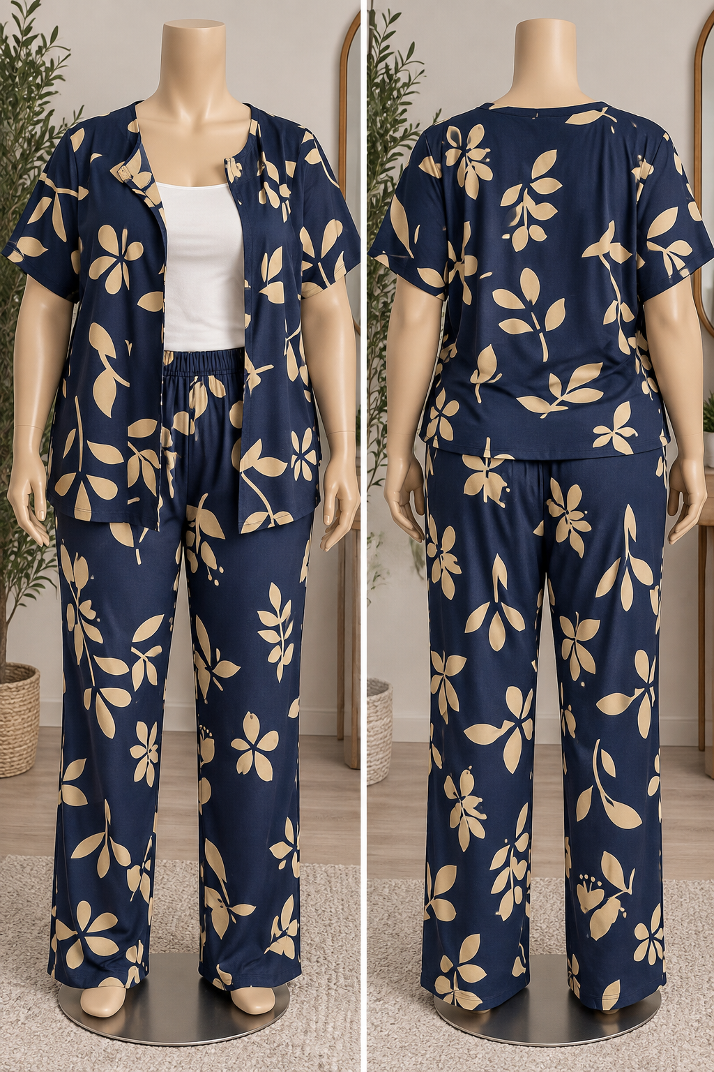 Vintage Hawaiian Print 2-Piece Set — Navy & Tan Floral Open Blouse and Elastic-Waist Pants