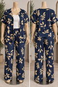 Vintage Hawaiian Print 2-Piece Set — Navy & Tan Floral Open Blouse and Elastic-Waist Pants