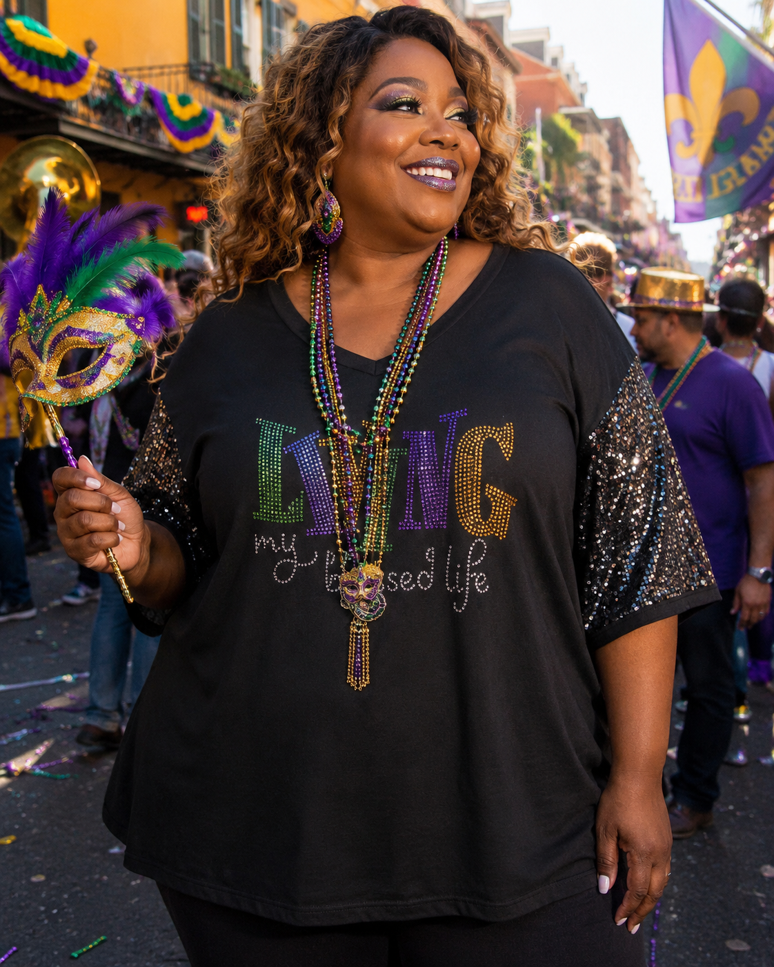 Mardi Gras "Living My Blessed Life" Rhinestone V-Neck Top with Sequin Sleeves, Plus Size 8XL