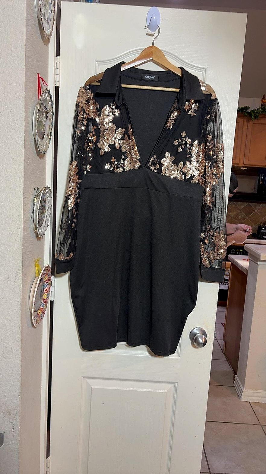 Chic Me Black Rose Gold Sequin Floral Mesh Sleeve Plus Size Party Dress