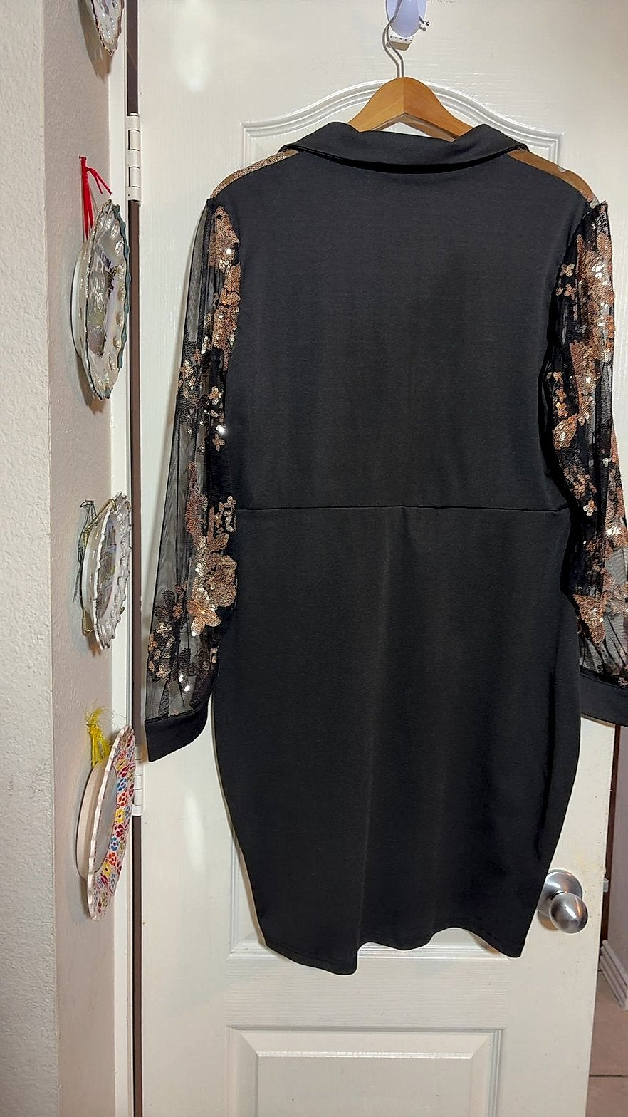 Chic Me Black Rose Gold Sequin Floral Mesh Sleeve Plus Size Party Dress