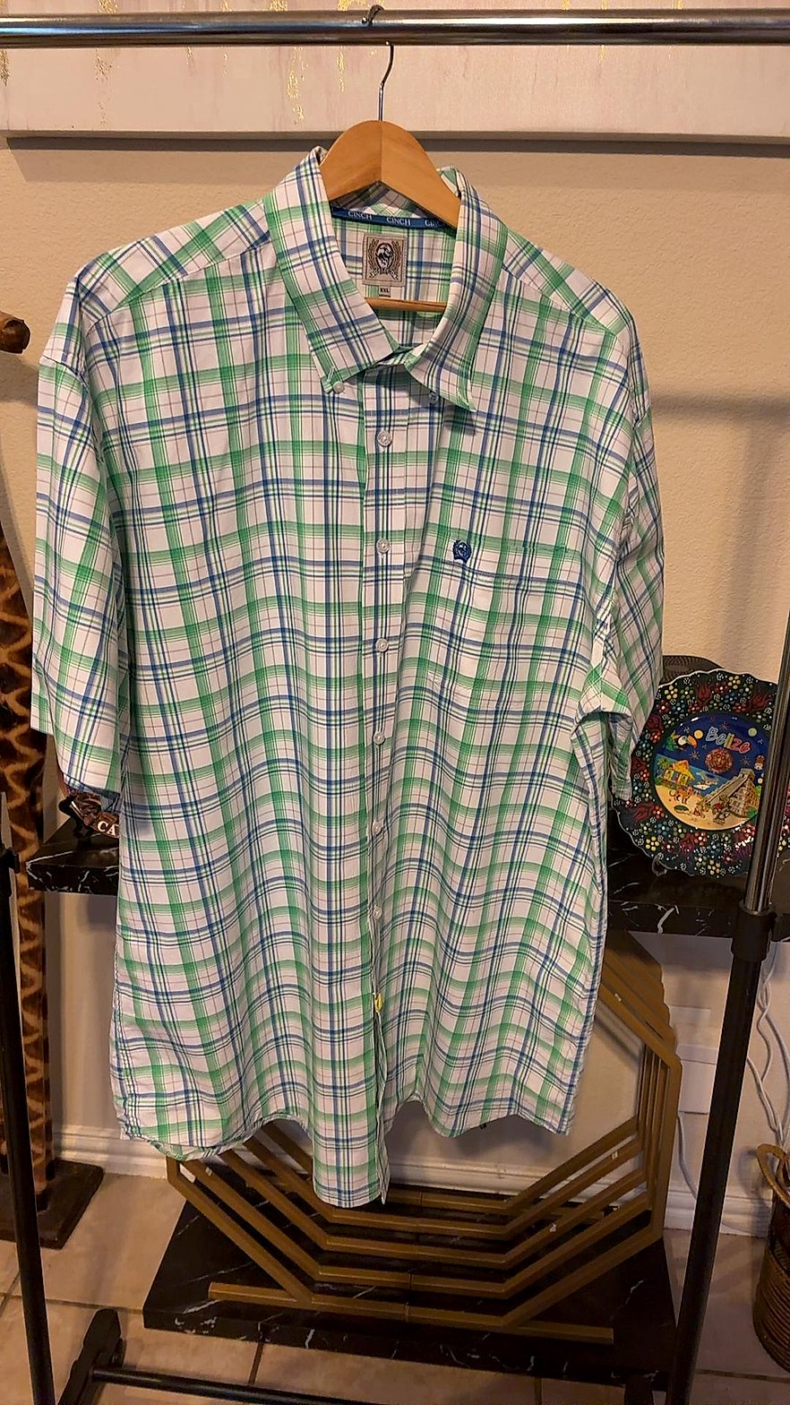 Cinch Men's Green & Blue Plaid Short-Sleeve Button-Down Western Shirt, Size XXL
