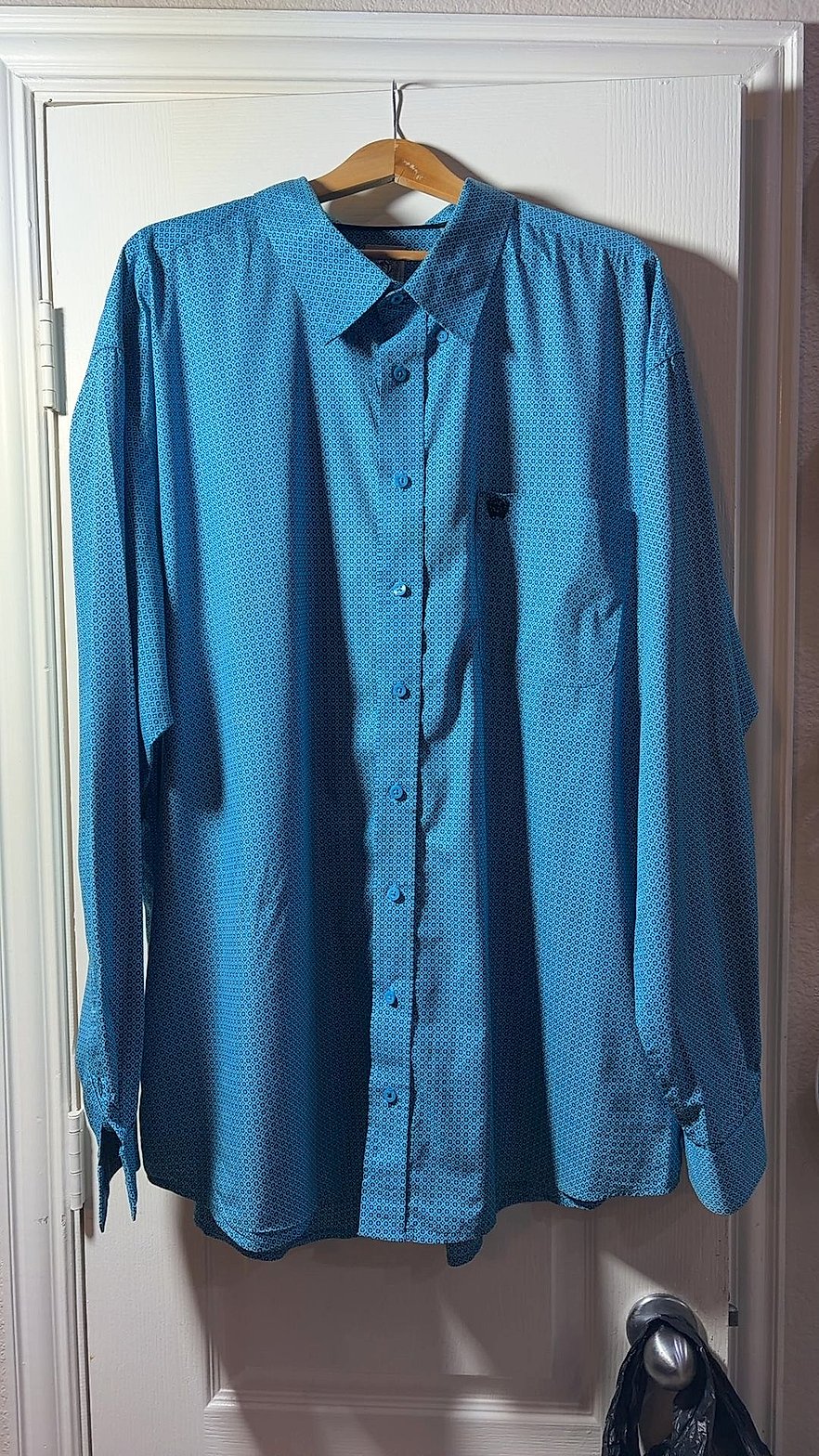 Cinch Men's Long Sleeve Button-Down Western Shirt, Teal Blue Geometric Print, Size XXXL