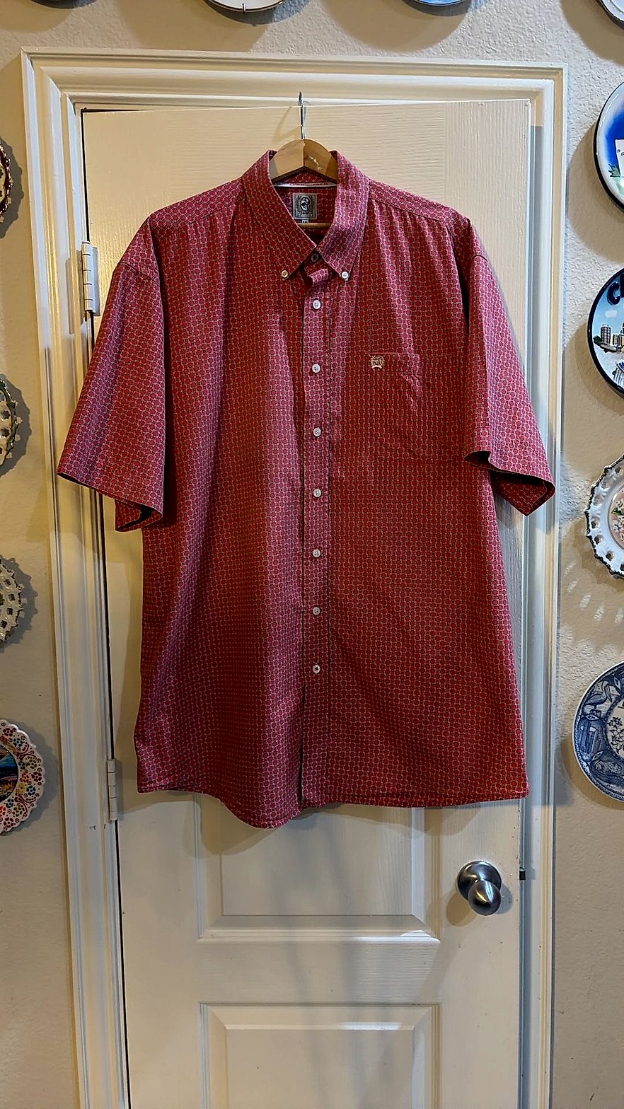 Cinch Men's Short Sleeve Button-Down Western Shirt, Red Geometric Chain Link Print, Size XXL