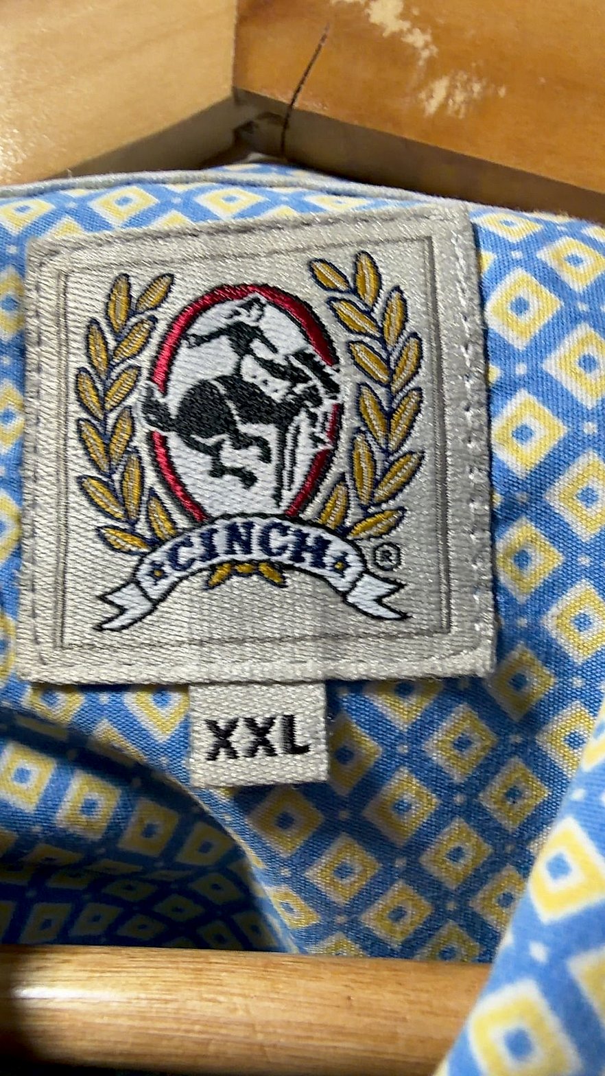 Cinch Men's Short Sleeve Button-Down Western Shirt, Blue/Yellow Geometric Diamond Print, Size XXL