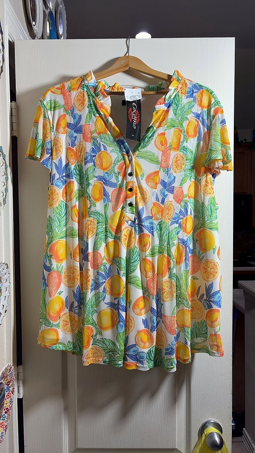 Cocomo Woman Fruit Print Short-Sleeve Henley Babydoll Top, Size 3X
