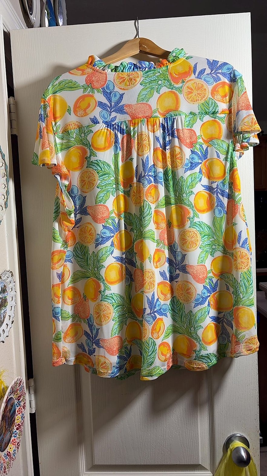 Cocomo Woman Fruit Print Short-Sleeve Henley Babydoll Top, Size 3X