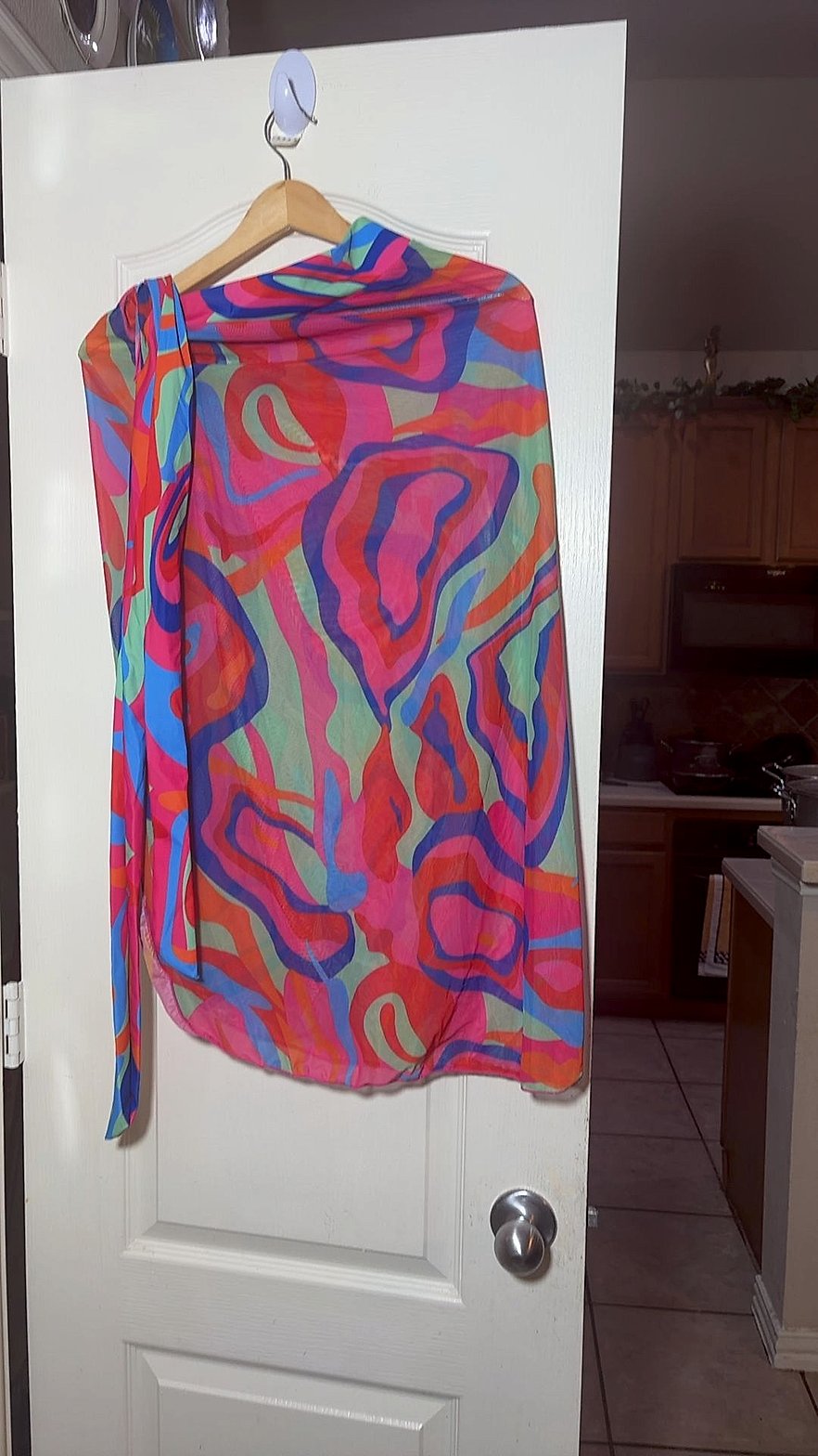 Colorful Abstract Swirl Print One-Piece Swimsuit with Matching Chiffon Sarong Cover-Up Set