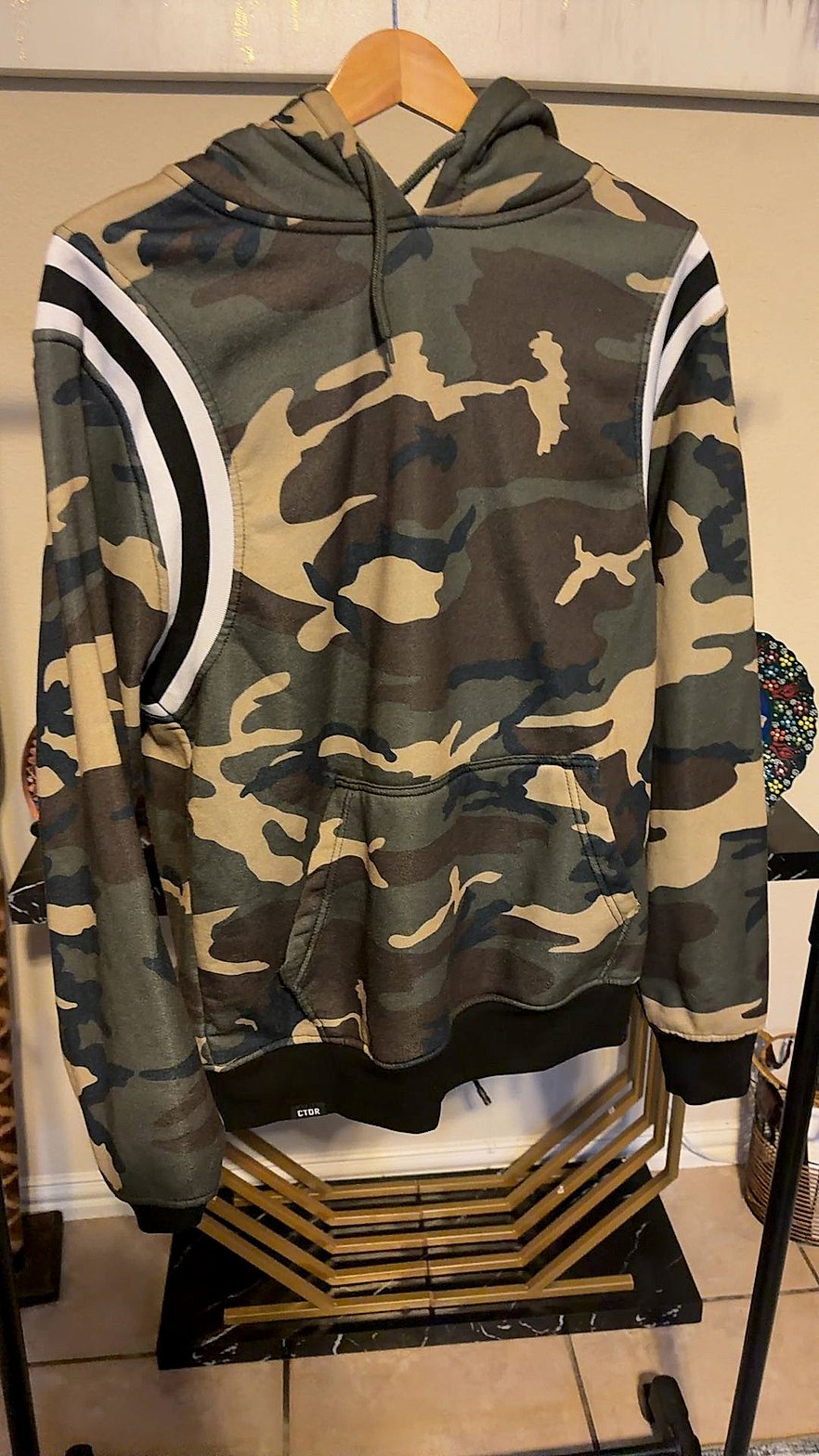 Contender Camo Pullover Hoodie with Black & White Racing Stripe Sleeves, Size XL