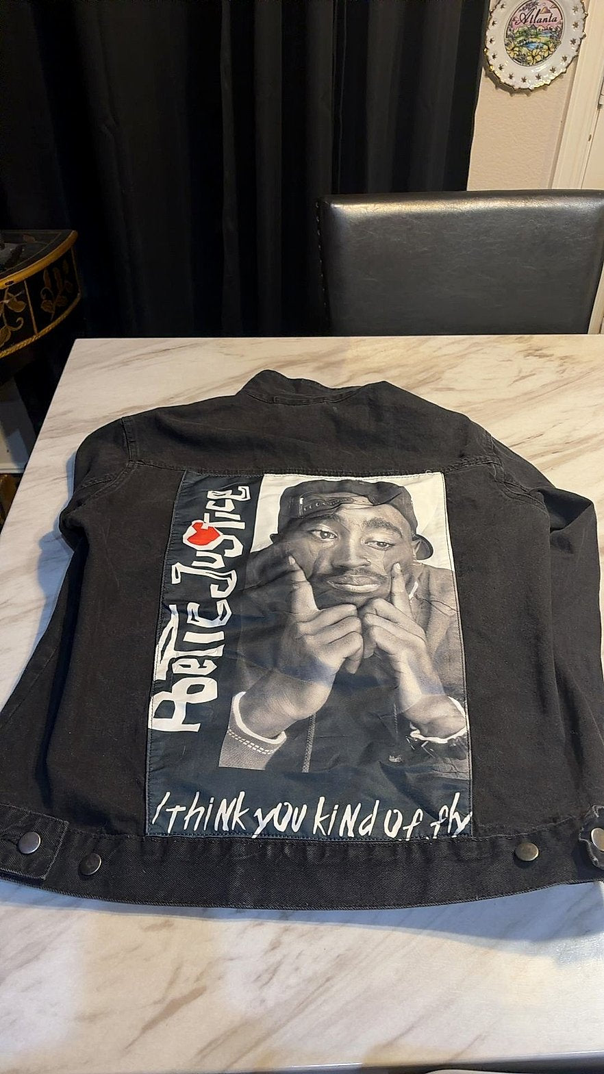 Custom Tupac "Poetic Justice" Graphic Patch Black Denim Trucker Jacket