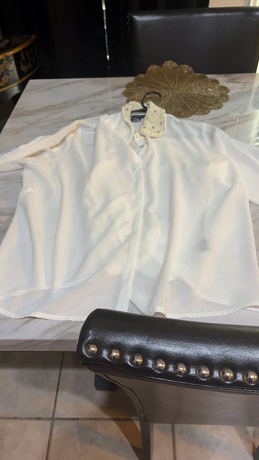 Ivory Sheer Polyester Blouse with Pearl & Rhinestone Beaded Collar