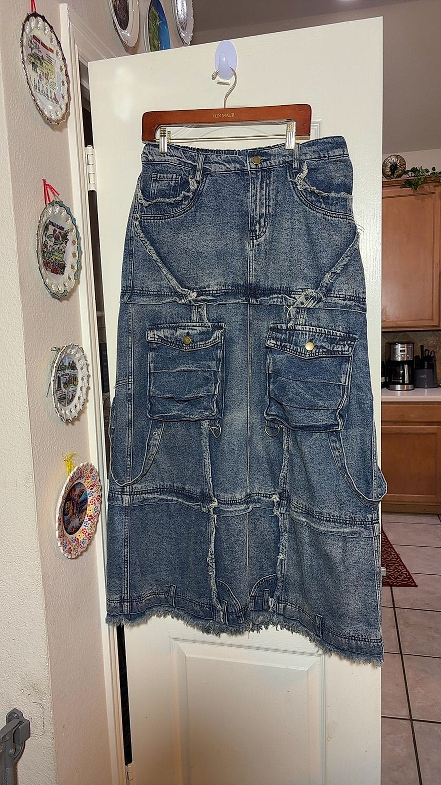 Denim Cargo Maxi Skirt with Patchwork Panels, Raw Frayed Hem, and Grommet Strap Details, Y2K Grunge Style