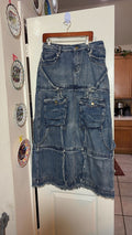 Denim Cargo Maxi Skirt with Patchwork Panels, Raw Frayed Hem, and Grommet Strap Details, Y2K Grunge Style