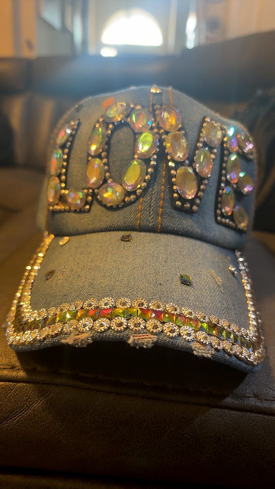 Distressed Denim Bling Baseball Cap with Rhinestone LOVE Lettering