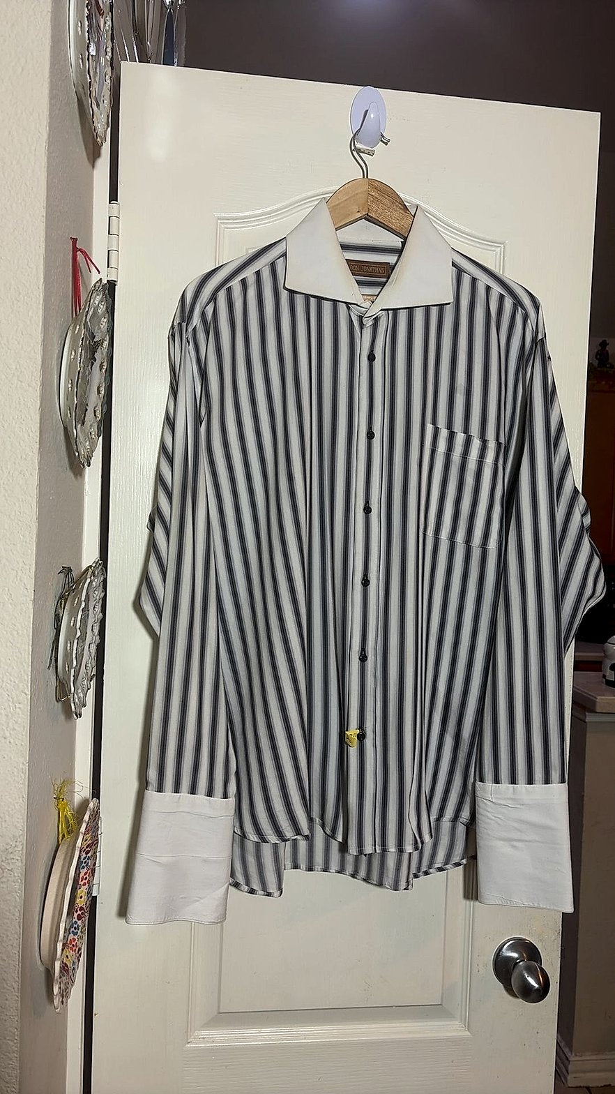 Don Jonathan Men's Contrast-Collar Striped French-Cuff Dress Shirt