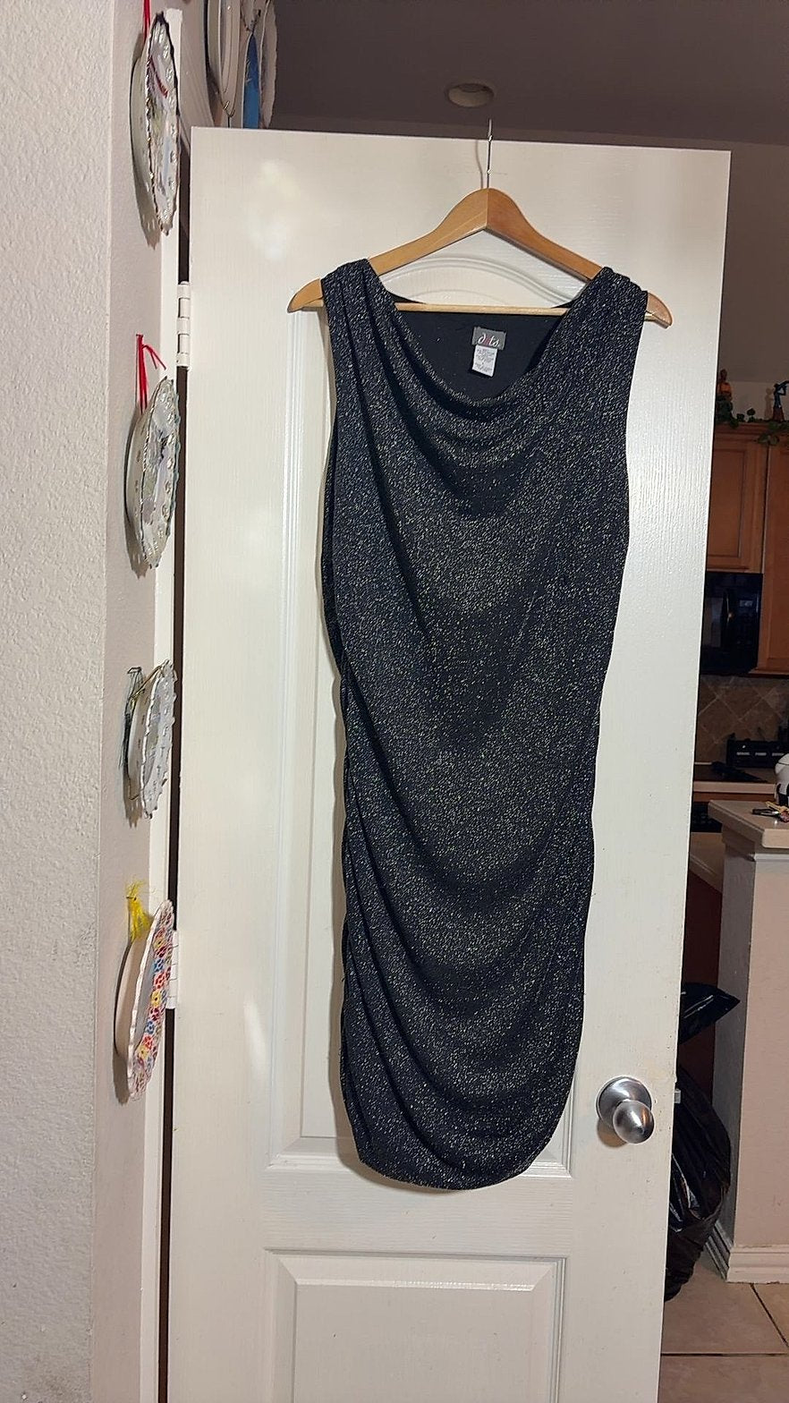 Dots Black Metallic Sparkle Cowl-Neck Ruched Bodycon Cocktail Dress, Size L