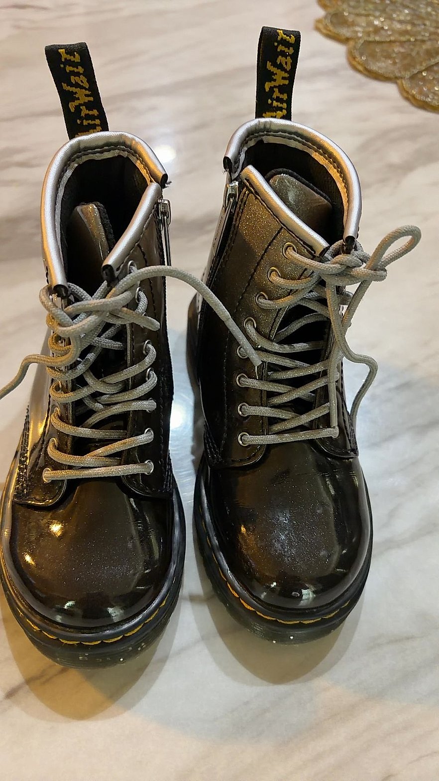Dr. Martens 1460 Toddler Boots in Gunmetal Glitter Patent, 8-Eyelet with Side Zip