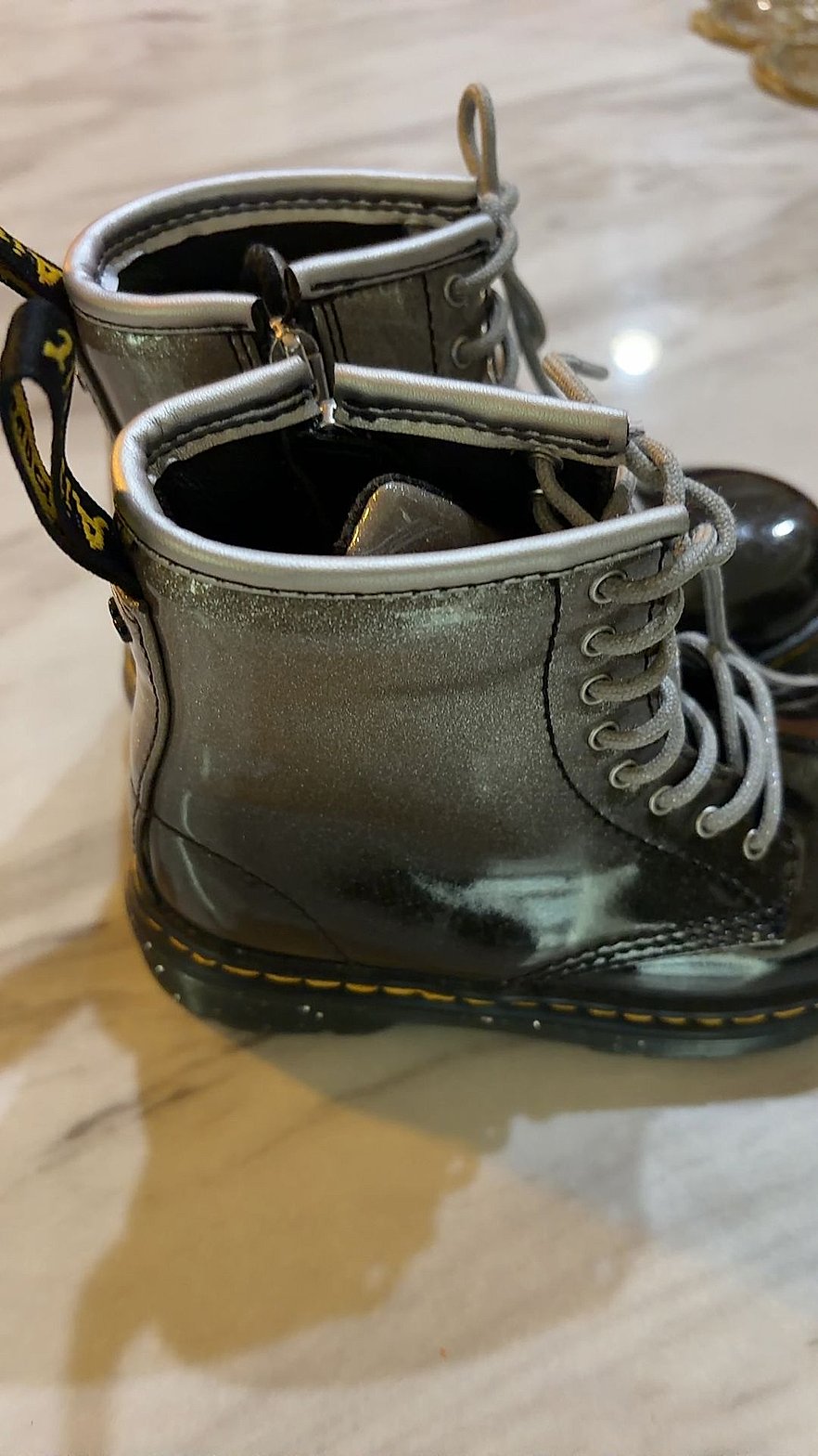 Dr. Martens 1460 Toddler Boots in Gunmetal Glitter Patent, 8-Eyelet with Side Zip