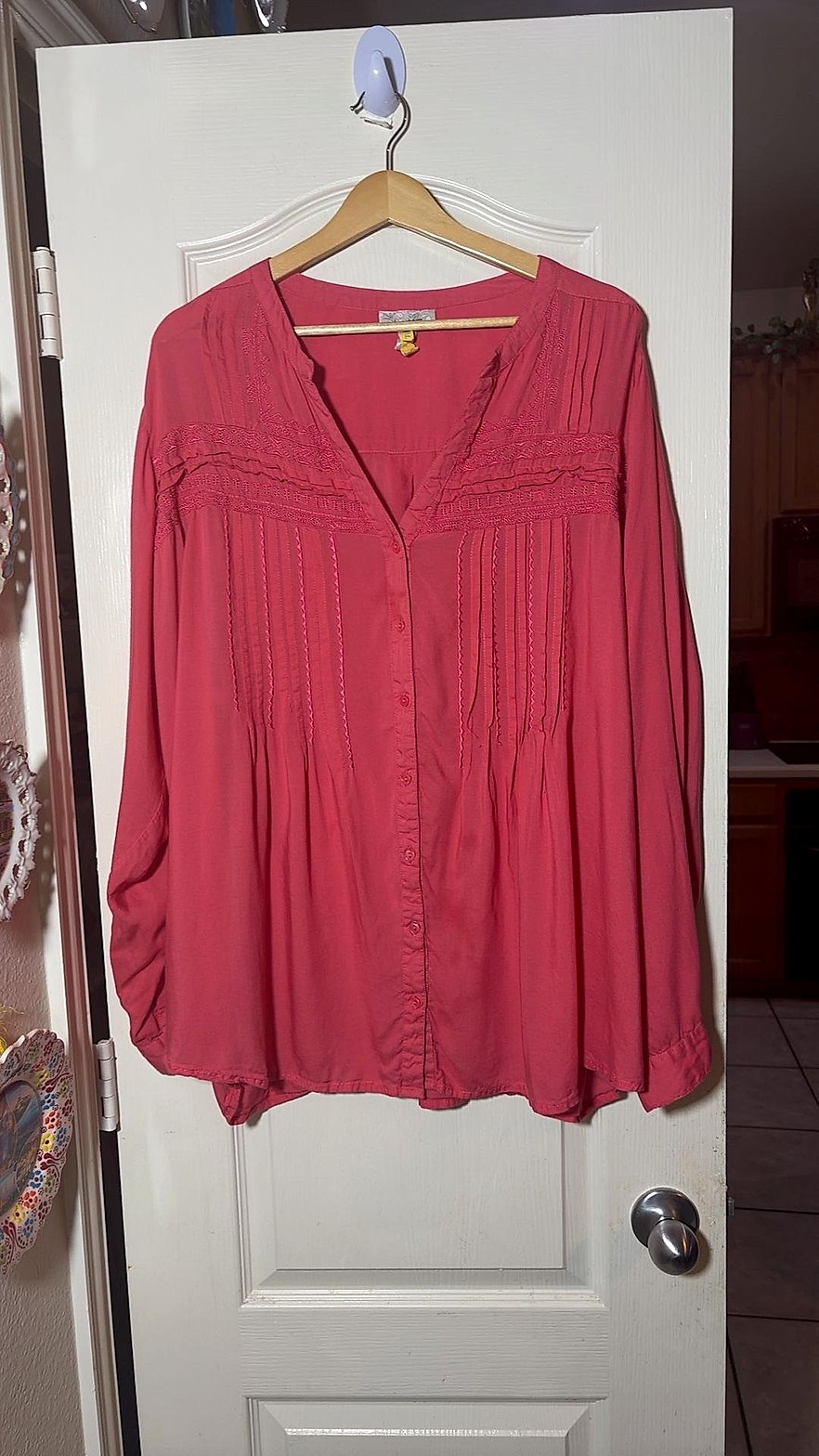 Dressbarn Woman Coral Pink Pintucked Peasant Blouse with Embroidered Yoke, Split V-Neck Button Front, Roll-Tab Sleeves, Size 3X