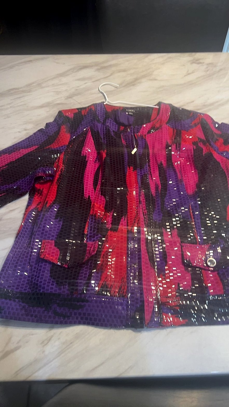Elementz Sequined Zip-Up Evening Jacket Purple Pink Red Abstract Print