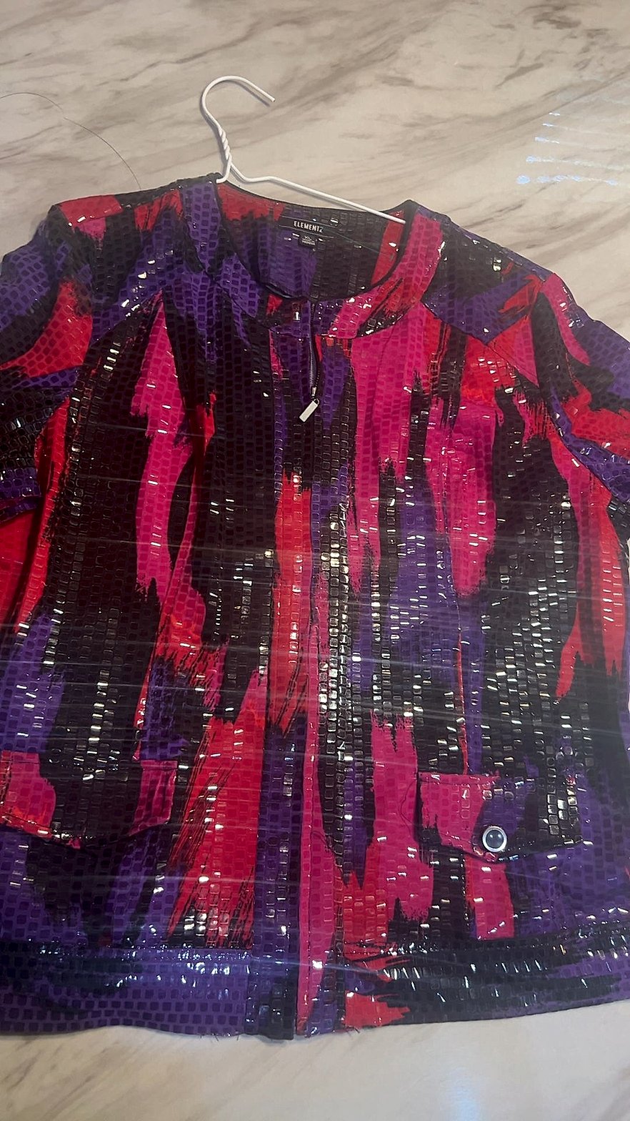 Elementz Sequined Zip-Up Evening Jacket Purple Pink Red Abstract Print