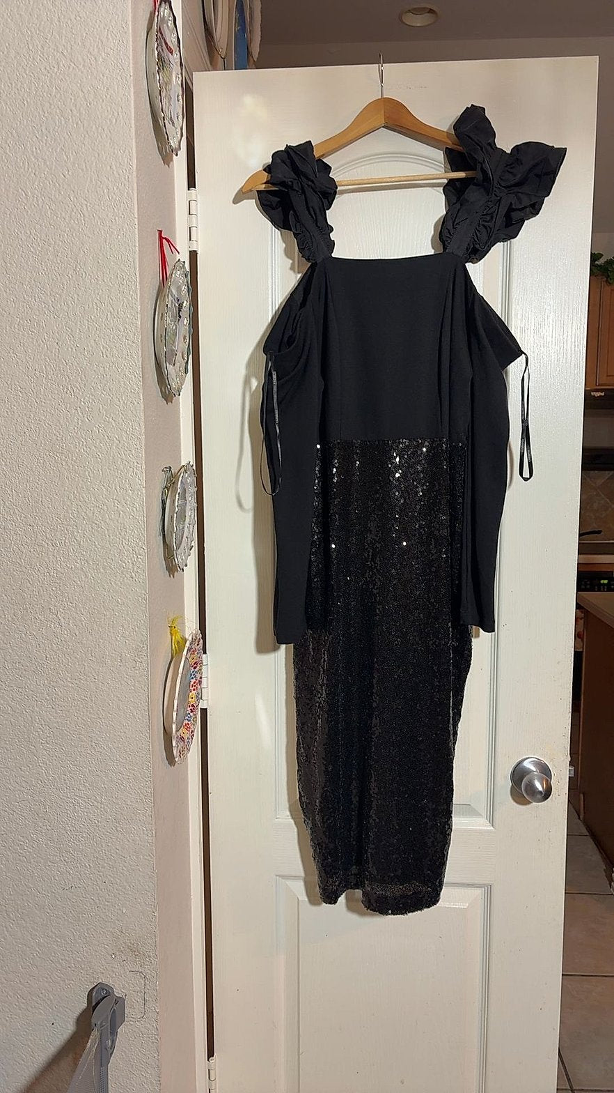 Eloquii Black Sequin Ruffle-Shoulder Midi Cocktail Dress, Size 14