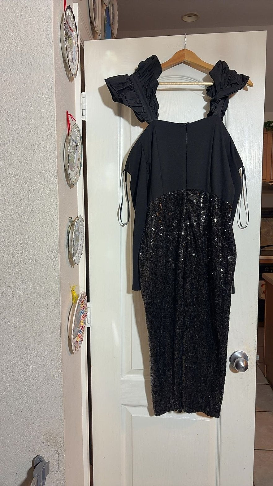 Eloquii Black Sequin Ruffle-Shoulder Midi Cocktail Dress, Size 14
