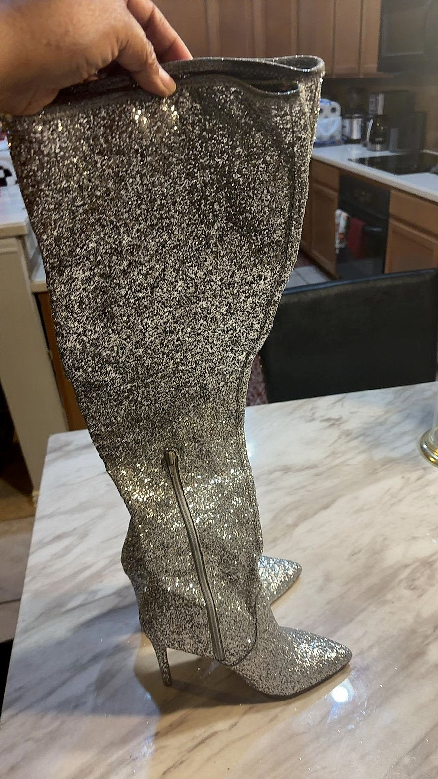 Emmy Sequin Glitter Knee-High Stiletto Boots, Size 10, Silver