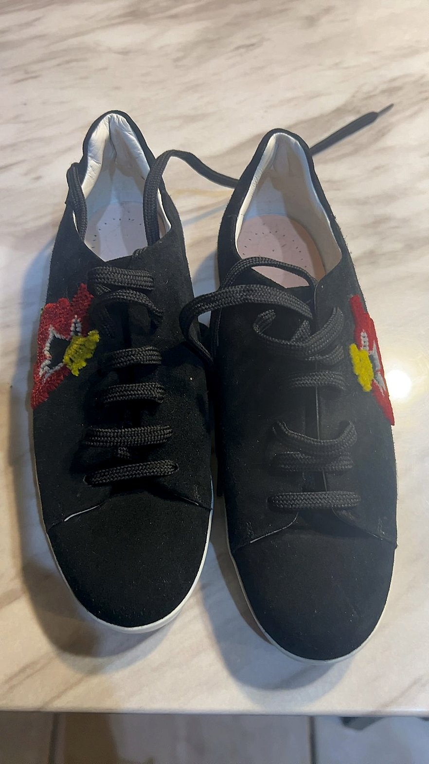 Emporio Armani Women's Black Suede Embroidered Floral Lace-Up Sneakers