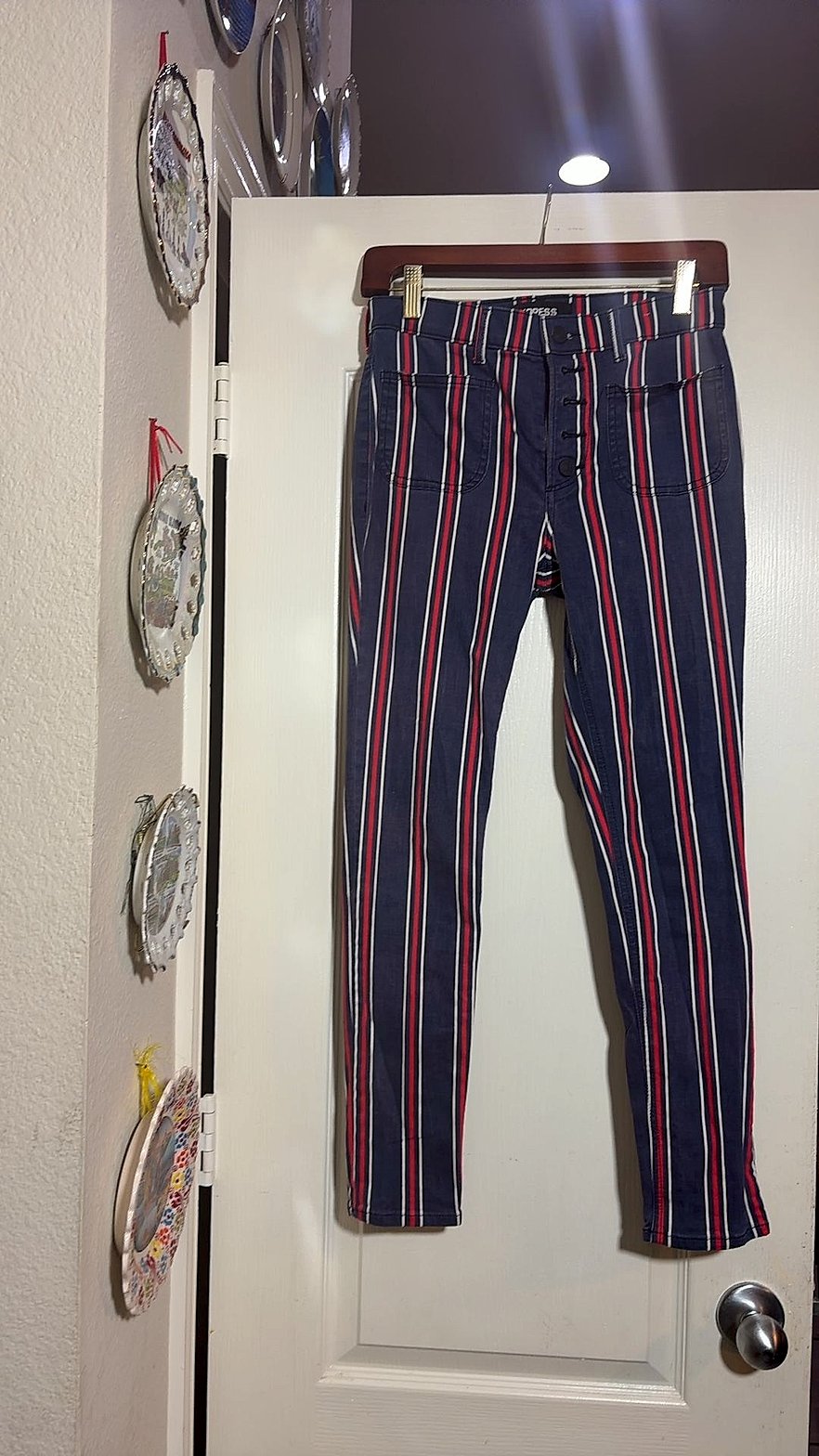 Express Navy Red White Striped Skinny Jeans, Button-Fly, Women's