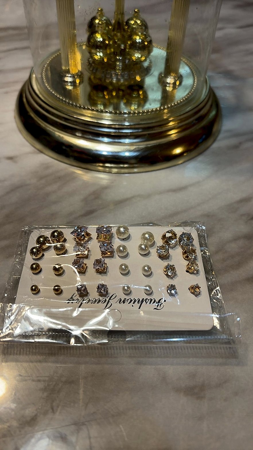 Fashion Jewelry 12-Pair Stud Earring Set (Gold Tone, CZ, Faux Pearl, Rhinestone)