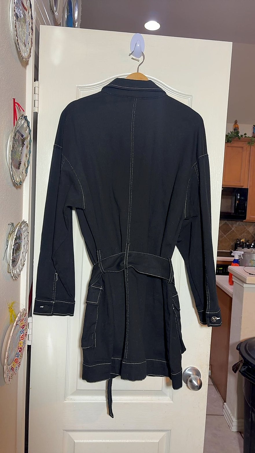 Fashion Nova Black Belted Utility Shirt Dress / Jacket Dress with White Contrast Stitching