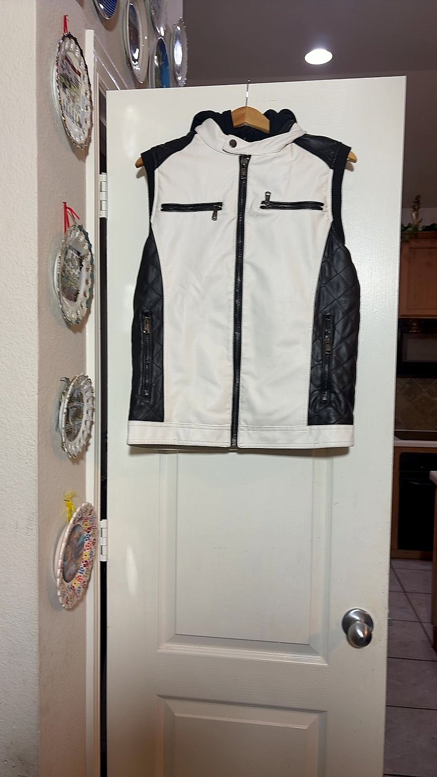 Fried Denim Two-Tone Faux Leather Moto Vest with Removable Hood, Size S