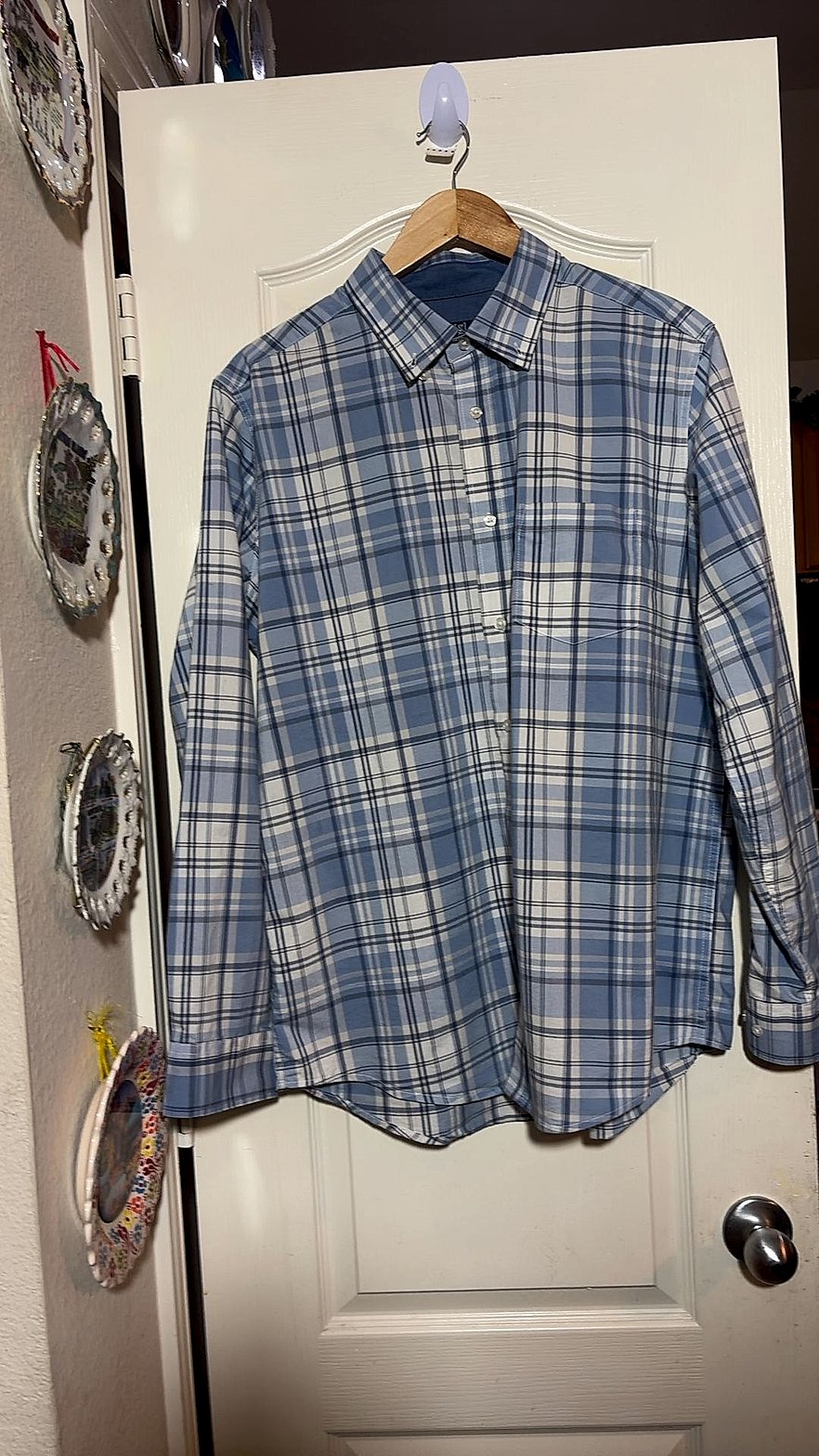 George Classic Fit Men's Blue Plaid Long-Sleeve Button-Down Shirt, Size L (42-44)
