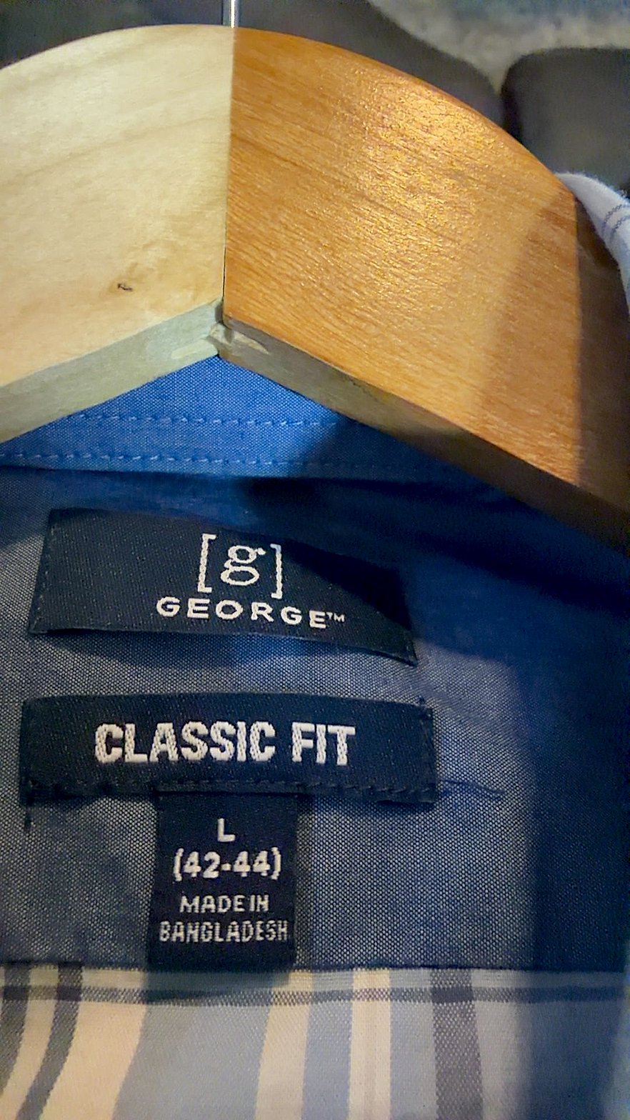 George Classic Fit Men's Blue Plaid Long-Sleeve Button-Down Shirt, Size L (42-44)