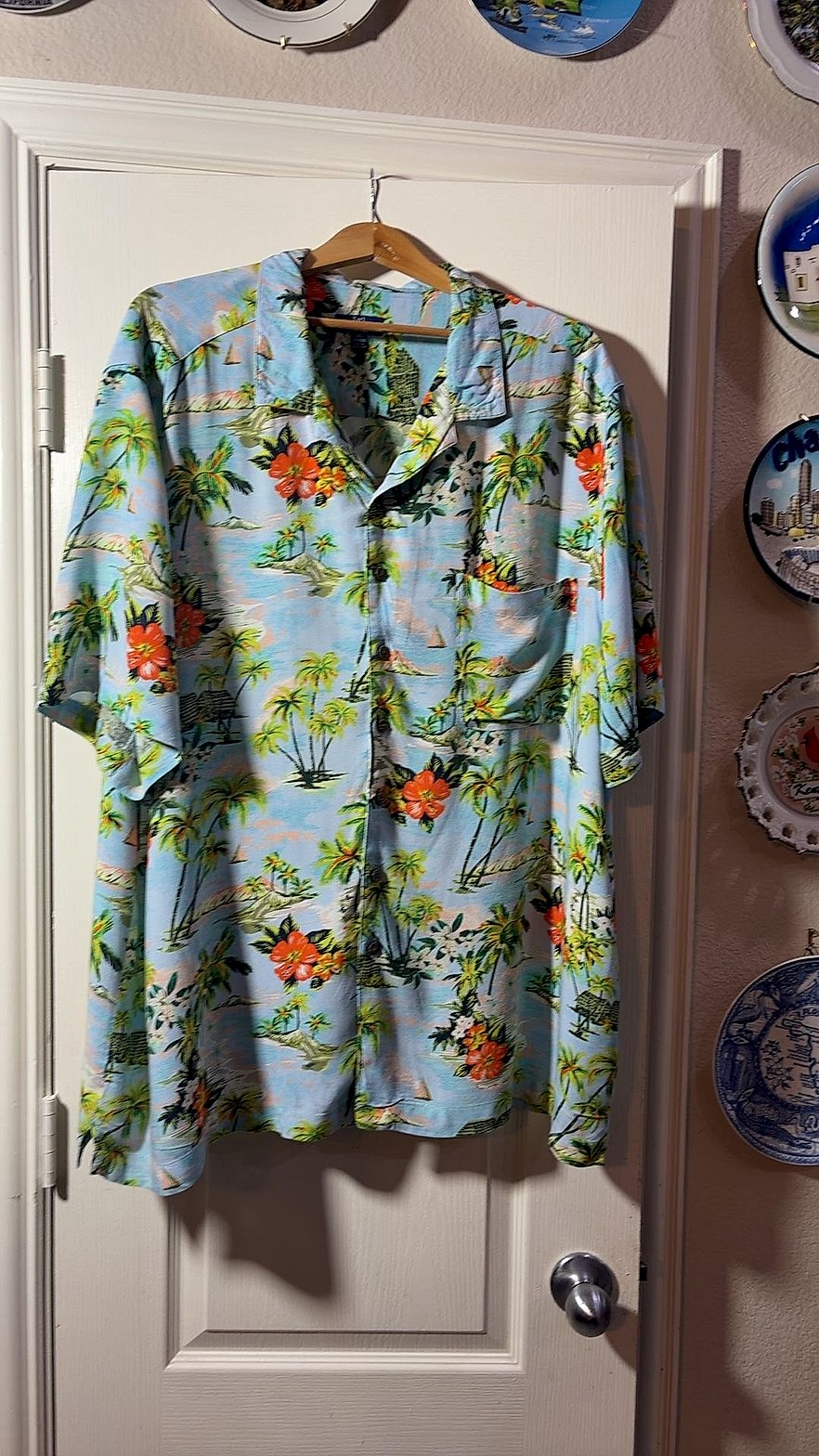 George Men's Hawaiian Aloha Shirt, Light Blue Tropical Palm Tree & Hibiscus Print, Size 2XL (50-52)