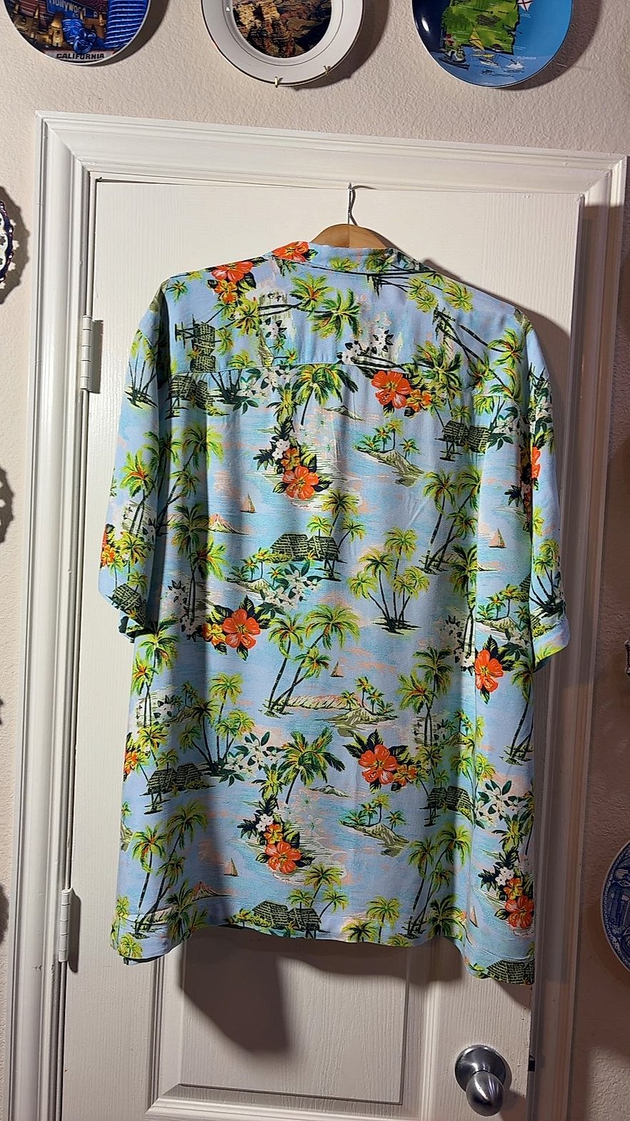 George Men's Hawaiian Aloha Shirt, Light Blue Tropical Palm Tree & Hibiscus Print, Size 2XL (50-52)