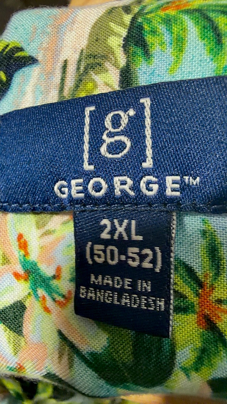 George Men's Hawaiian Aloha Shirt, Light Blue Tropical Palm Tree & Hibiscus Print, Size 2XL (50-52)