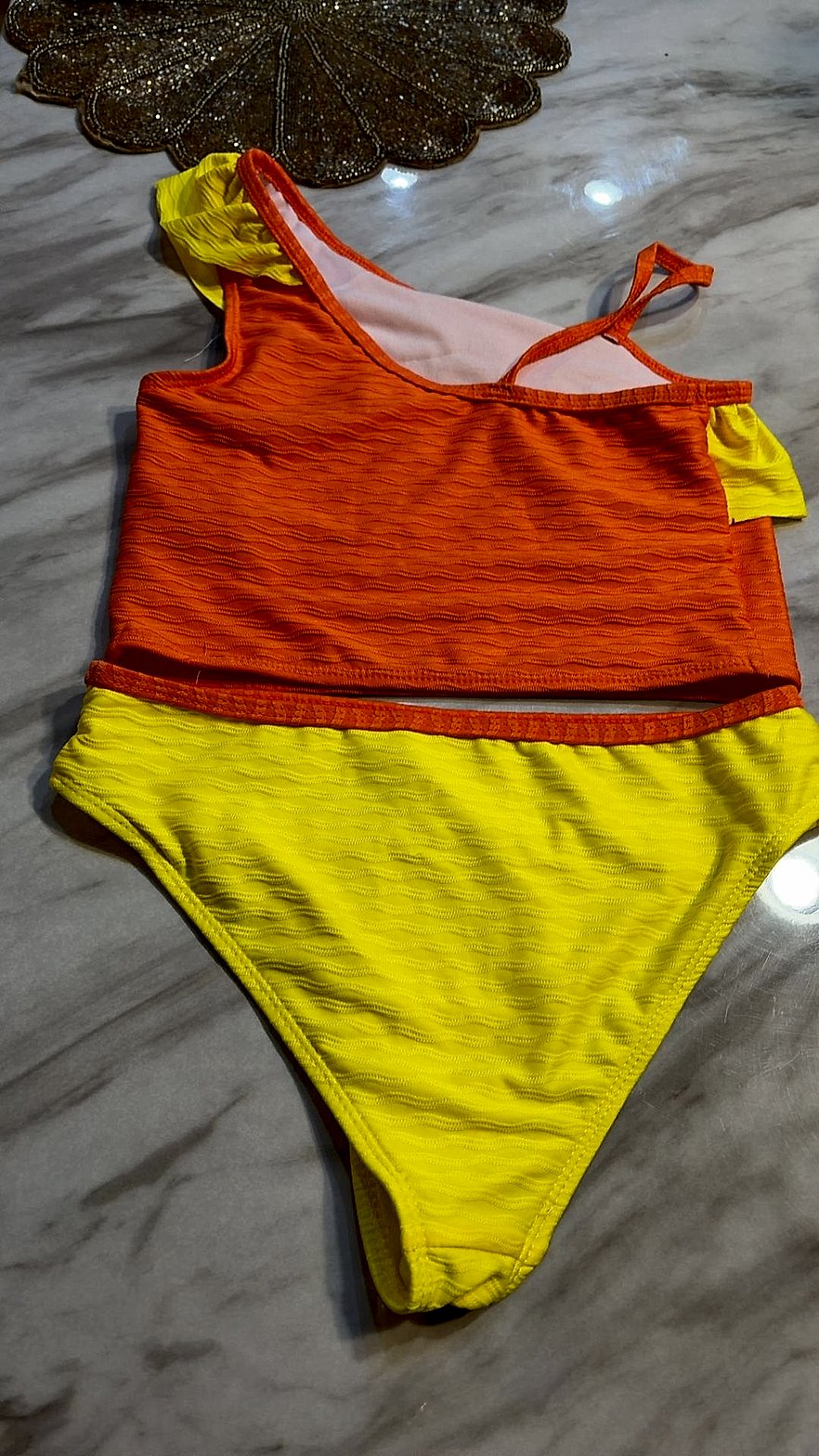 Girls' Two-Piece Ruffle Bikini Swimsuit, Orange & Yellow Colorblock, UPF 40+, Size 14