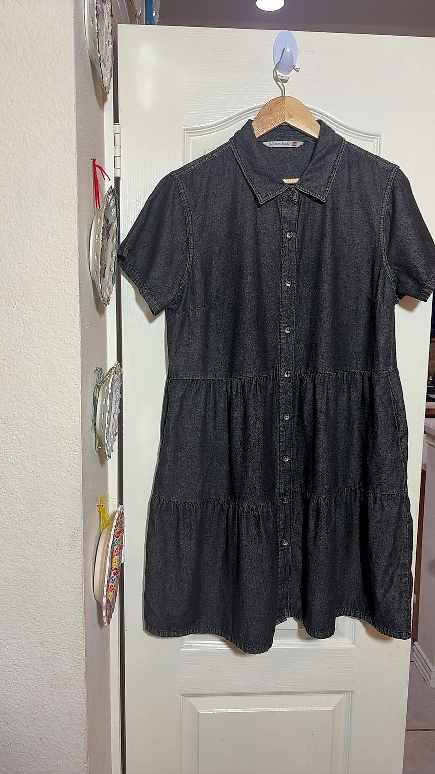 Given Kale Black Denim Tiered Shirt Dress, Short Sleeve, Size XL