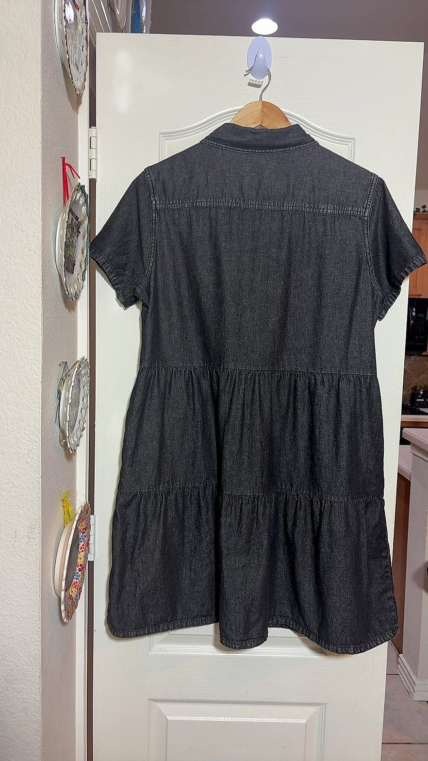 Given Kale Black Denim Tiered Shirt Dress, Short Sleeve, Size XL