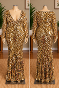 Fashion Nova NovaLuxe Gold Paillette Sequin Long Sleeve Deep V-Neck Maxi Gown with Rhinestone Trim, New With Tags