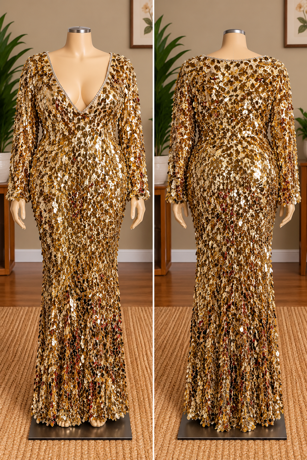 Fashion Nova NovaLuxe Gold Paillette Sequin Long Sleeve Deep V-Neck Maxi Gown with Rhinestone Trim, New With Tags