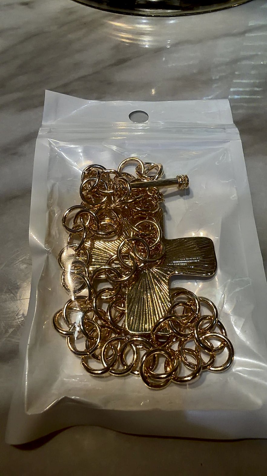 Gold-Tone Cross Pendant Necklace with Chunky Rolo Link Toggle Chain